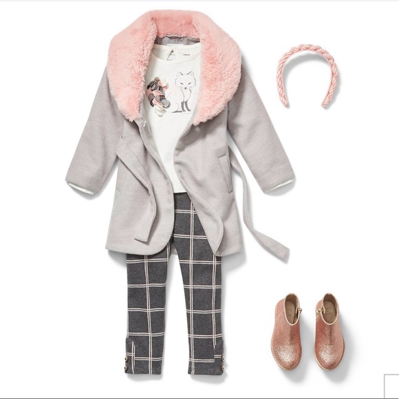 Janie and Jack Faux Fur Trim Belted Coat Gray Pink - Picture 2 of 11